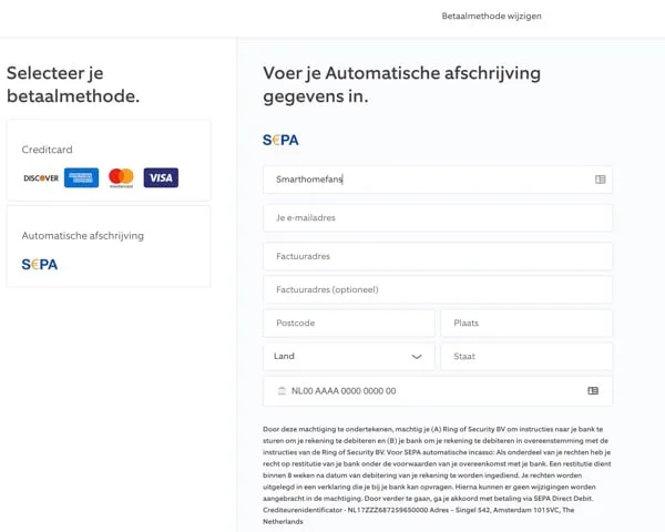 Ring abonnement betaalmethode sepa incasso